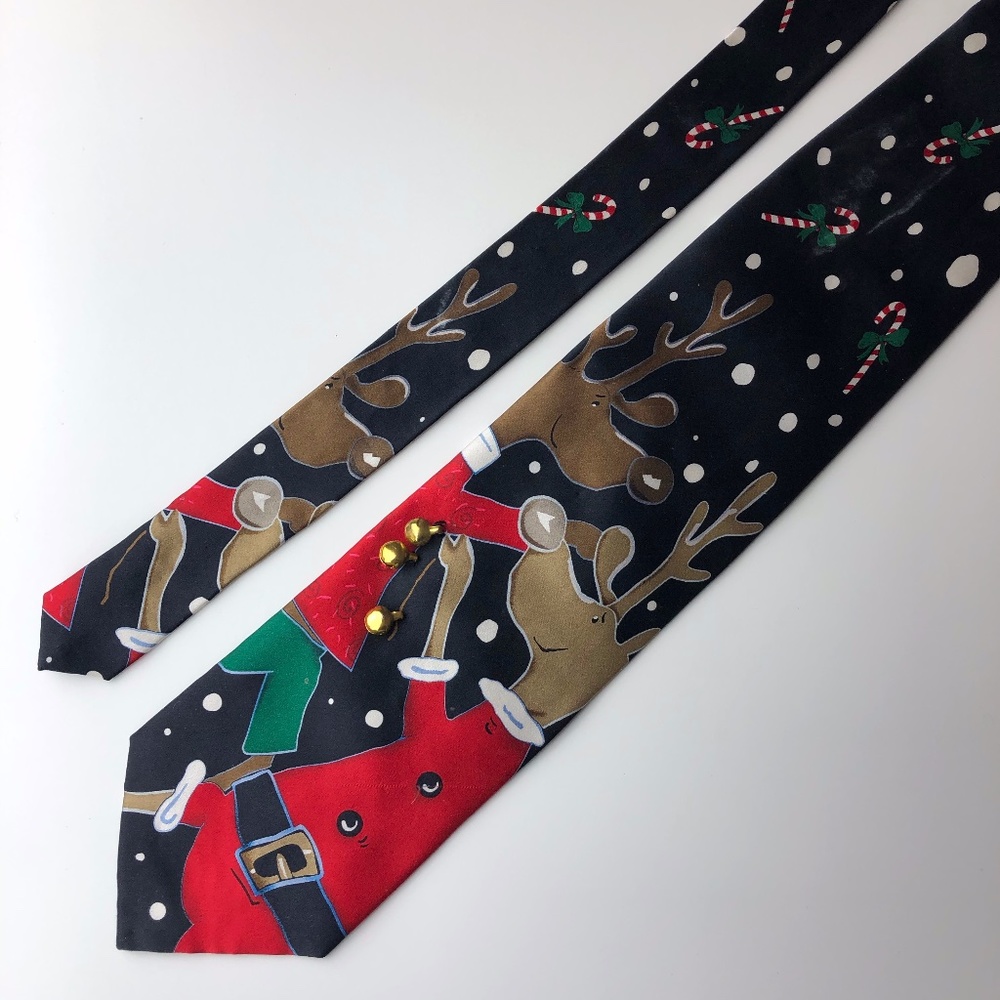 EUC Christmas Reindeer Jingle Bells Neck Tie - Picture 1 of 4
